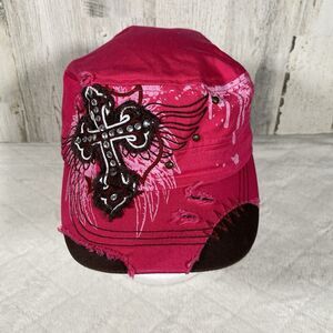 Y2K Angel Wings Distressed Women's Pink Military Cap Rhinestone Leader Cadet Hat